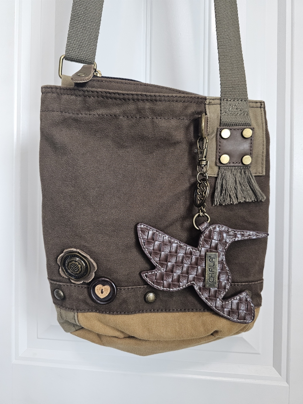 Chala Canvas Crossbody Bag with Pink & Teal Hummingbird Charm - Picture 3 of 10